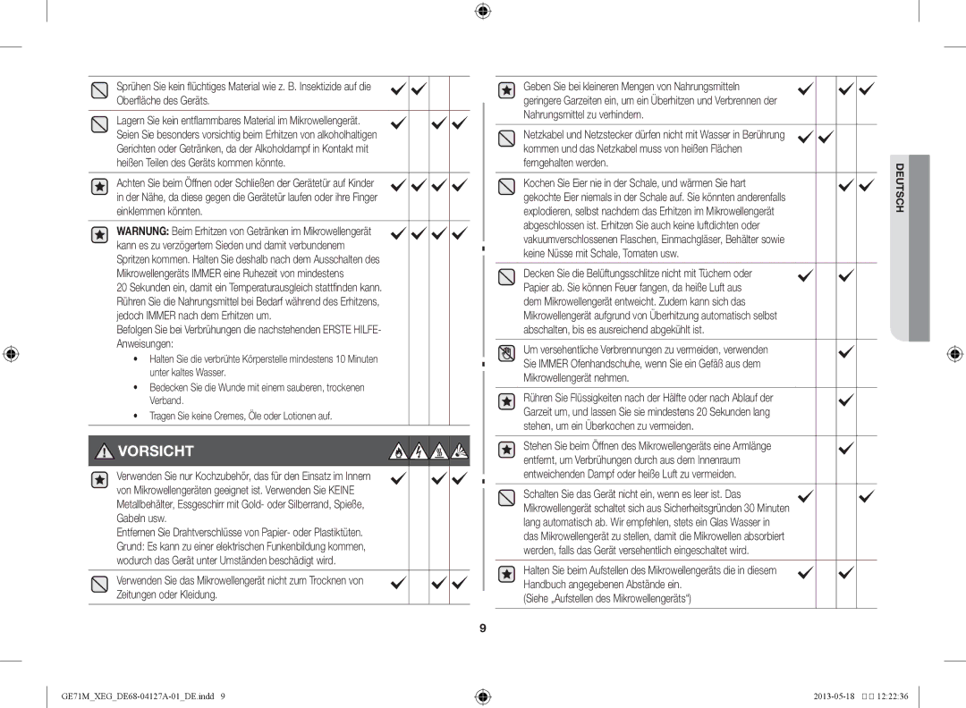 Samsung GE71M-X/XEG manual Vorsicht 