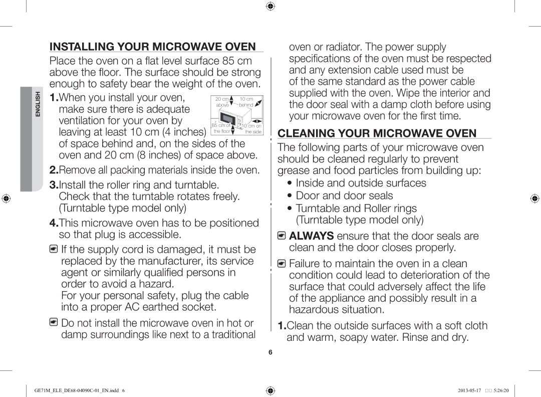 Samsung GE71M/ELE manual Installing your microwave oven 