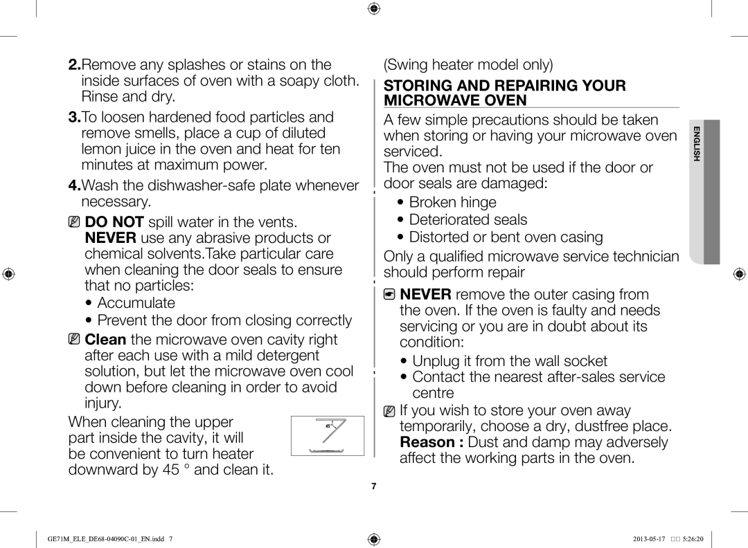 Samsung GE71M/ELE manual Storing and repairing your Microwave oven 