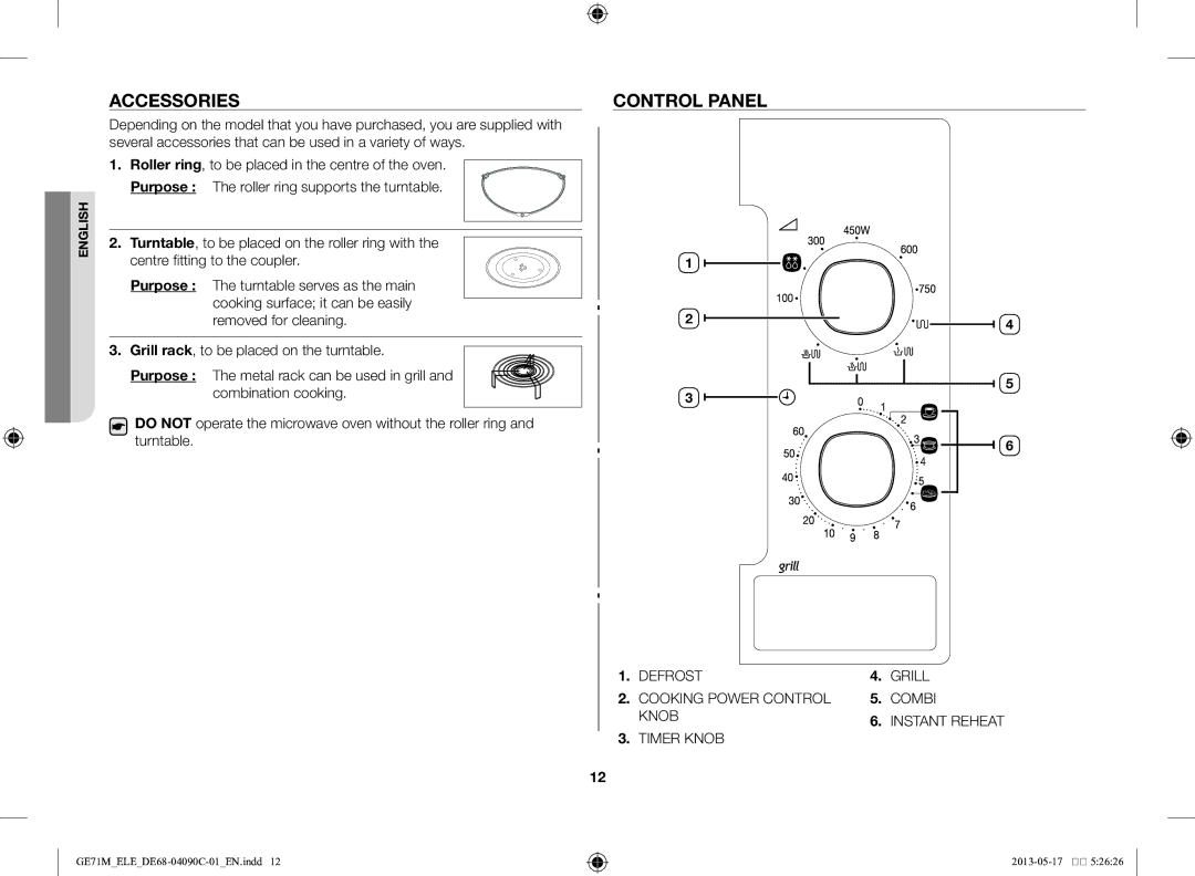 Samsung GE71M/ELE manual Accessories, Control panel 