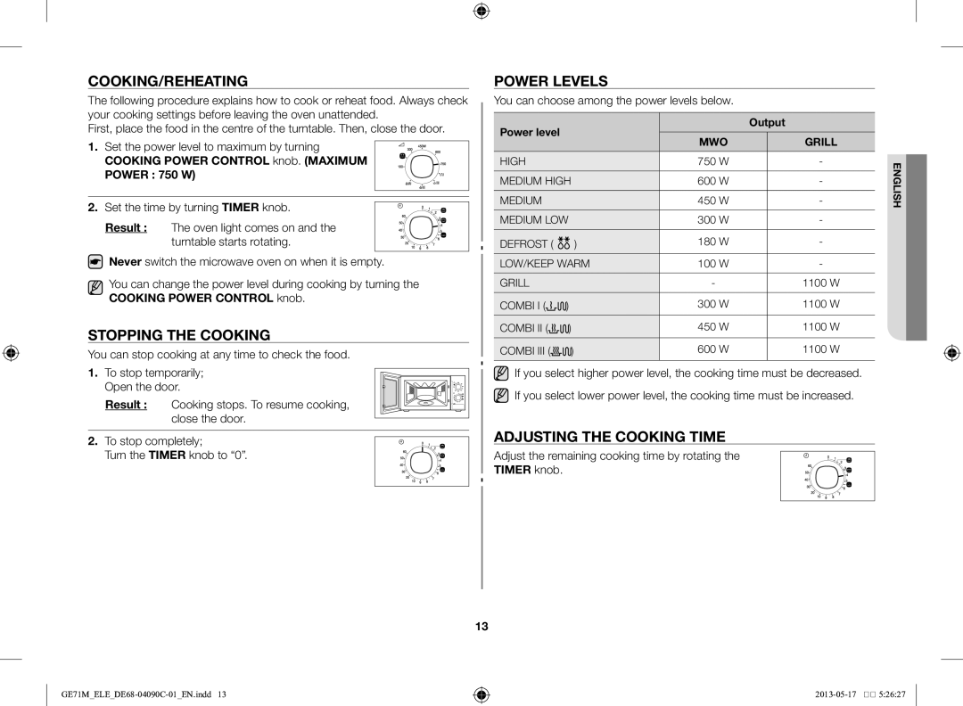 Samsung GE71M/ELE manual Cooking/Reheating, Stopping the cooking, Power levels, Adjusting the cooking time 