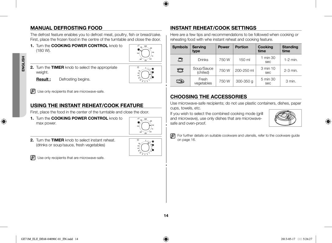 Samsung GE71M/ELE manual Manual defrosting food, Instant reheat/Cook settings, Using the instant reheat/Cook feature 