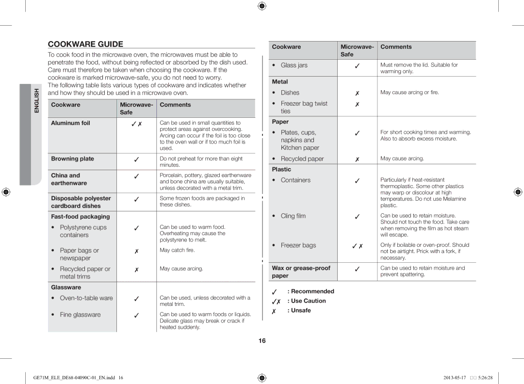 Samsung GE71M/ELE manual Cookware guide 