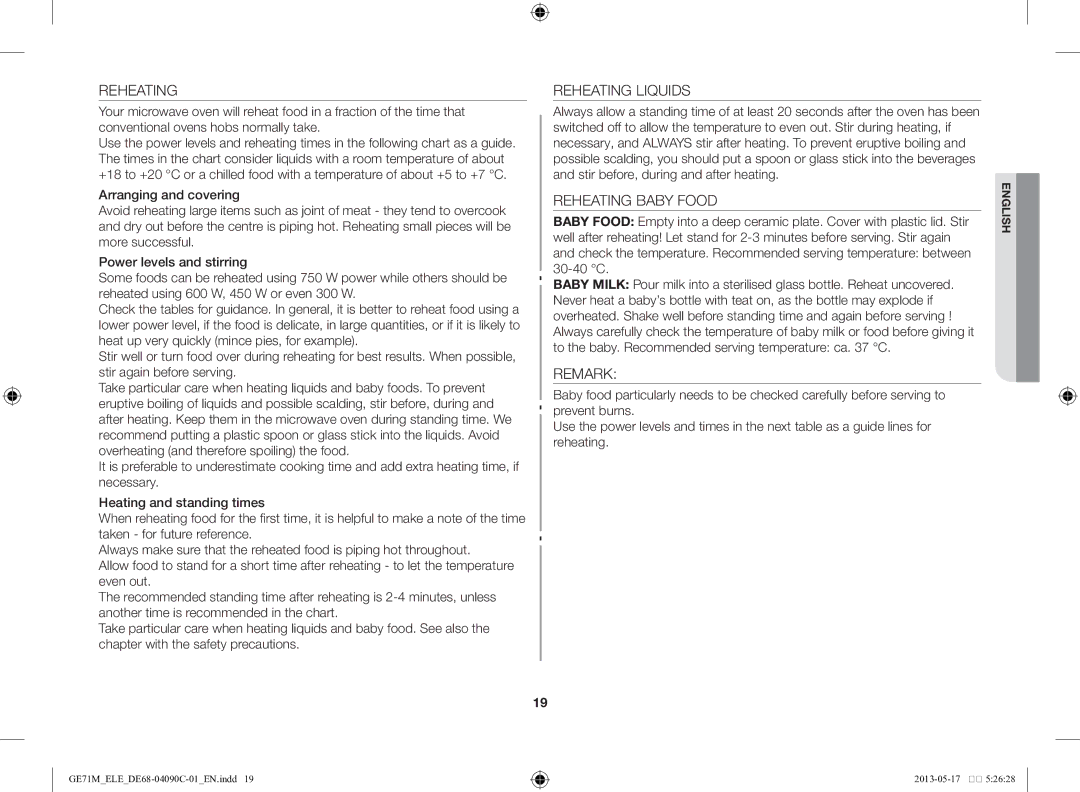 Samsung GE71M/ELE manual Reheating Liquids, Reheating Baby Food, Remark 