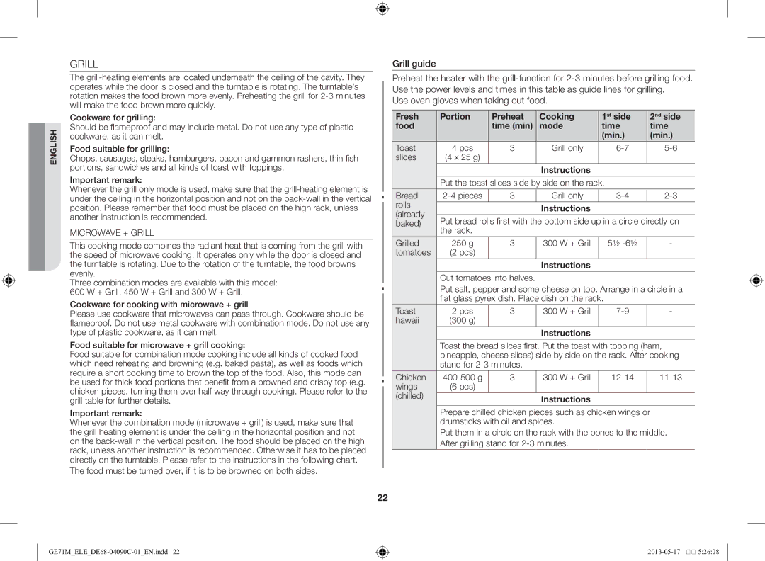 Samsung GE71M/ELE manual Grill guide, Use oven gloves when taking out food 