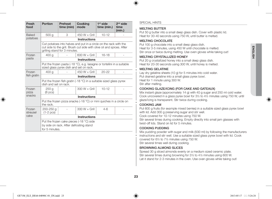 Samsung GE71M/ELE manual Potatoes Instructions, Grilling stand for 3 minutes Frozen 400 g, Pasta Instructions 