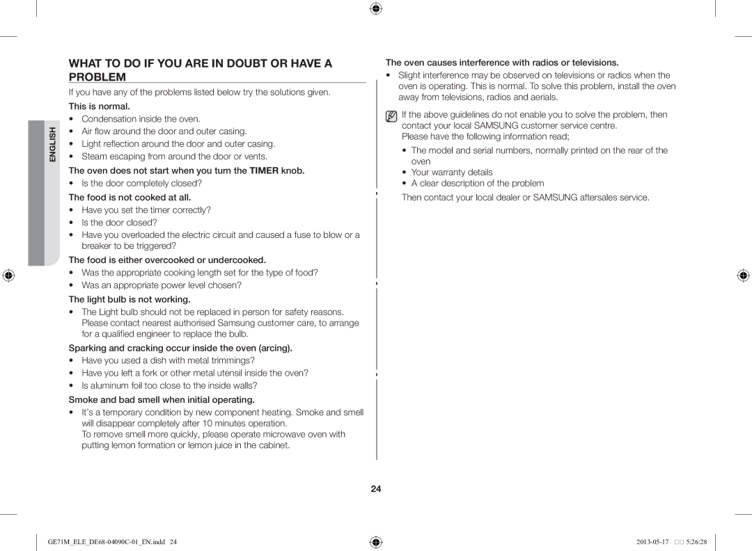 Samsung GE71M/ELE manual What to do if you are in doubt or have a problem 