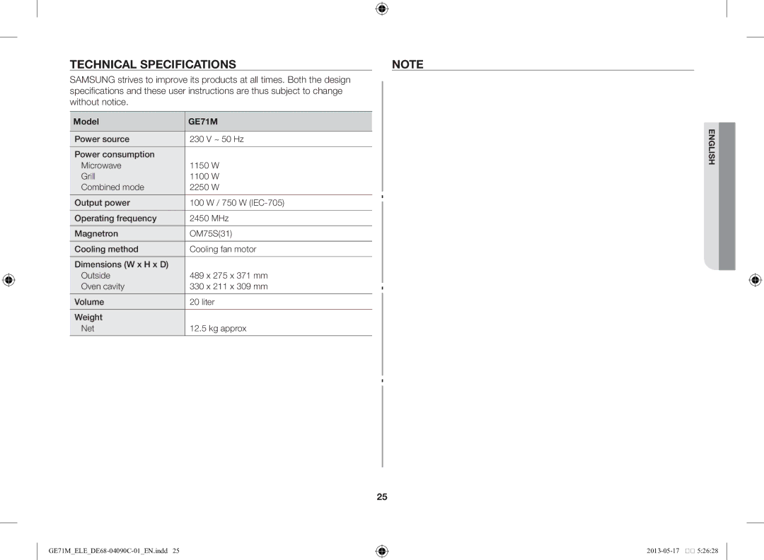 Samsung GE71M/ELE manual Technical specifications, Are thus subject to change Without notice, Model 