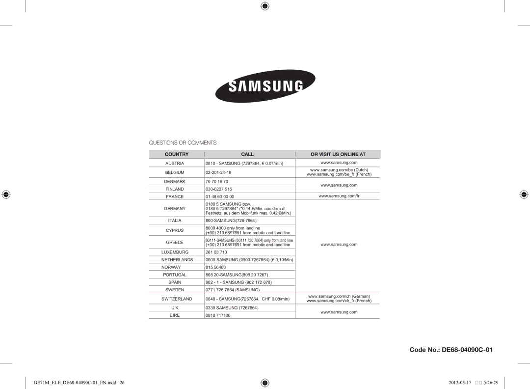 Samsung GE71M/ELE manual Code No. DE68-04090C-01 