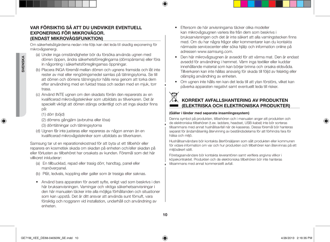 Samsung GE71M/XEE manual Gäller i länder med separata insamlingssystem 