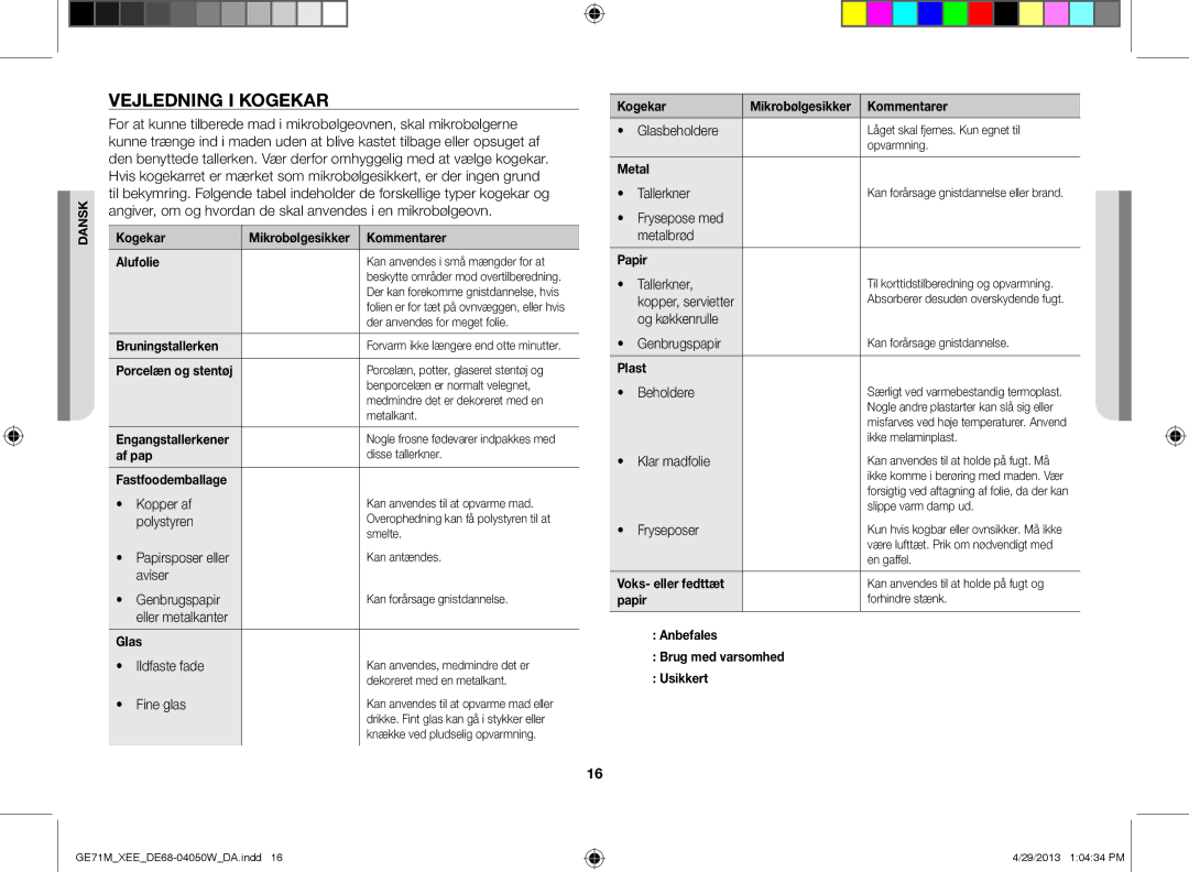 Samsung GE71M/XEE manual Vejledning i kogekar 