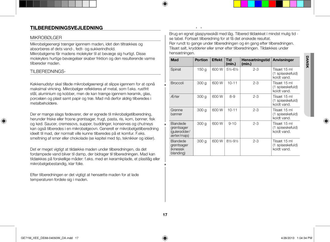 Samsung GE71M/XEE manual Tilberedningsvejledning, Mikrobølger, Mad Portion Effekt Tid Hensætningstid Anvisninger Min 