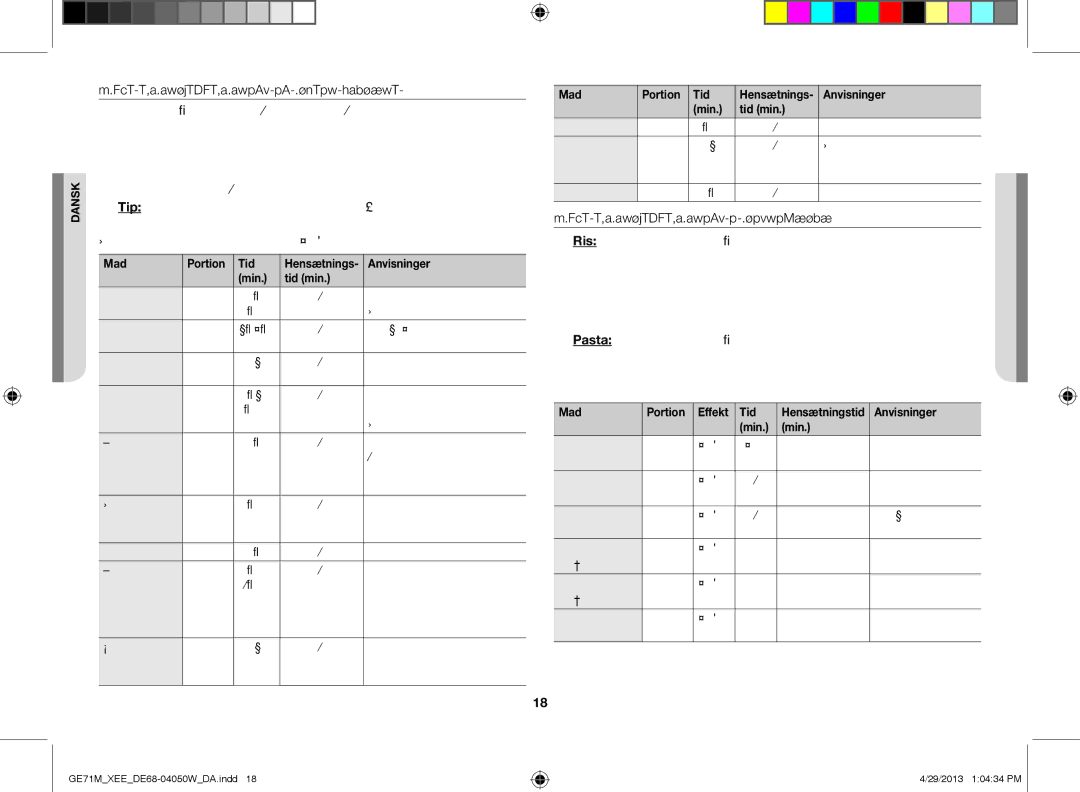 Samsung GE71M/XEE manual Mad Portion Tid, Anvisninger Min Tid min, Mad Portion Effekt Tid 