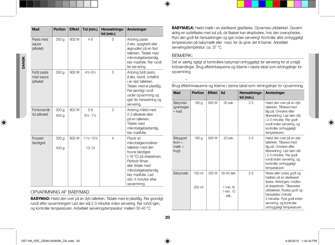 Samsung GE71M/XEE manual Opvarmning AF Babymad, Bemærk 