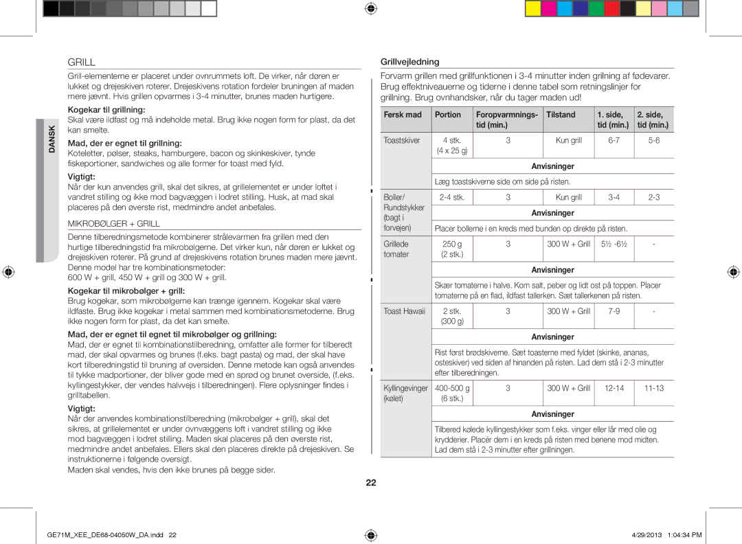 Samsung GE71M/XEE manual Vigtigt, Fersk mad Portion, Tilstand Side Tid min Toastskiver Stk Kun grill, Bagt Forvejen 