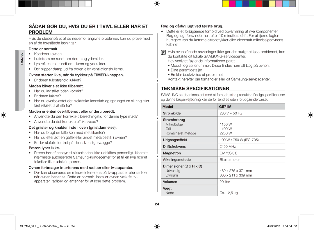 Samsung GE71M/XEE manual Sådan gør du, hvis du er i tvivl eller har et problem, Tekniske specifikationer, Model 