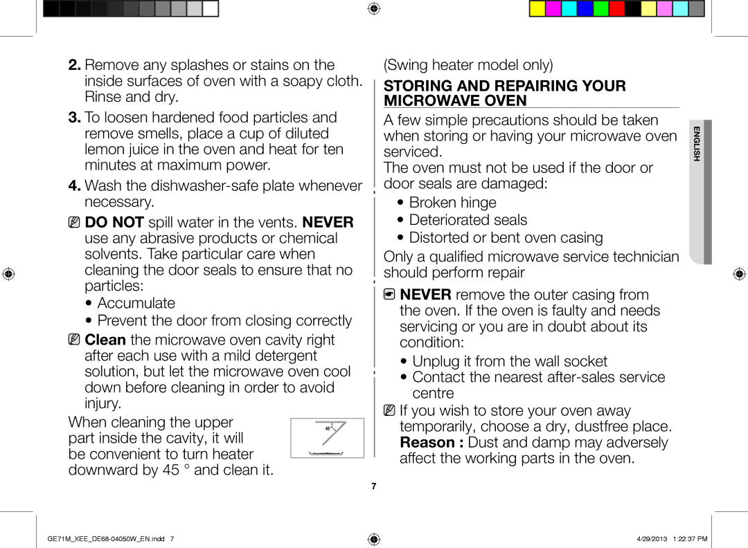 Samsung GE71M/XEE manual Storing and repairing your Microwave oven 