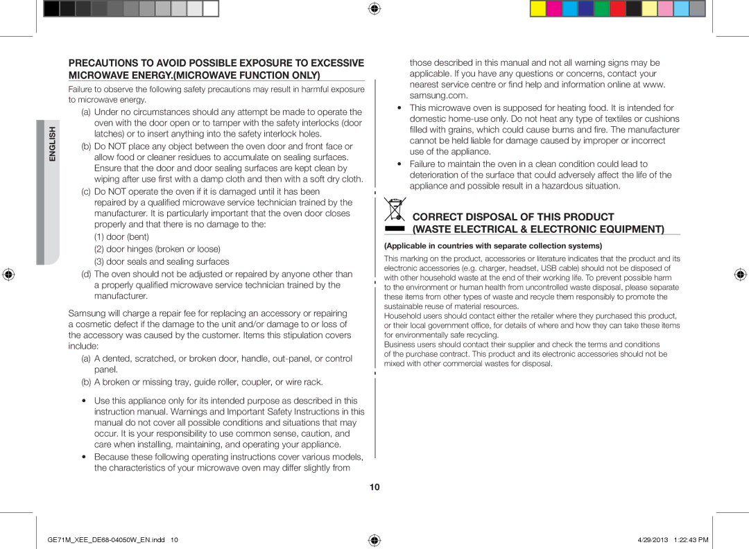 Samsung GE71M/XEE manual Applicable in countries with separate collection systems 