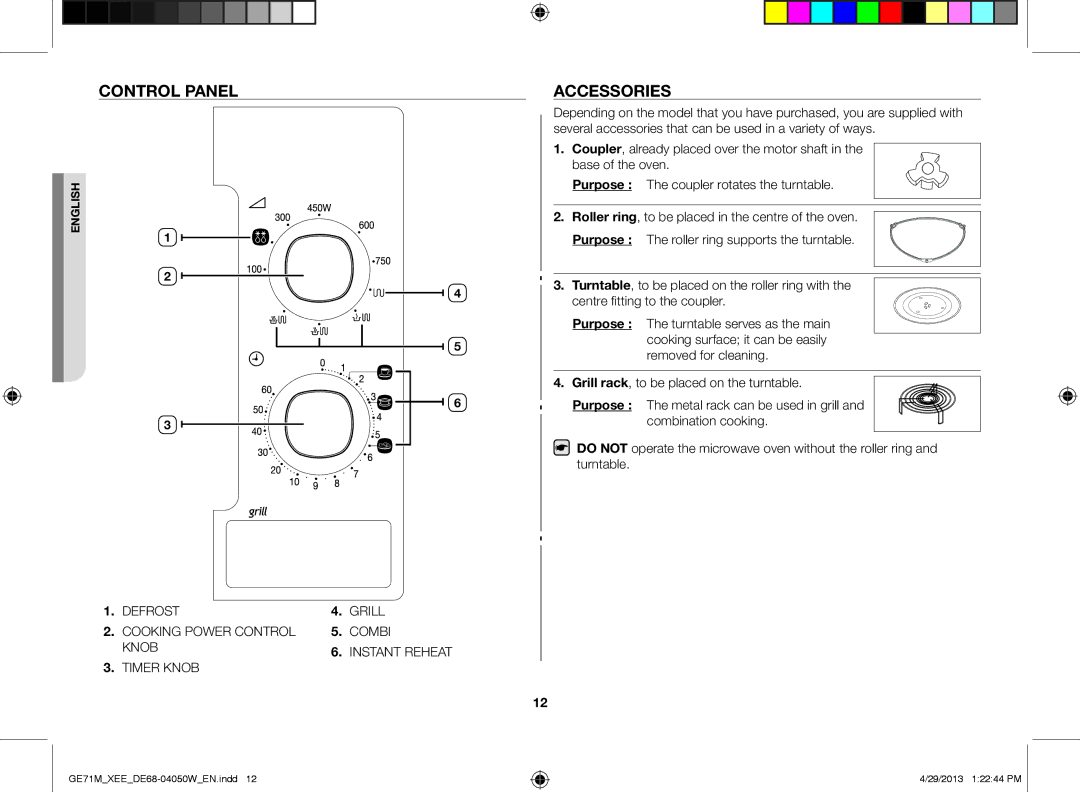 Samsung GE71M/XEE manual Control panel, Accessories 