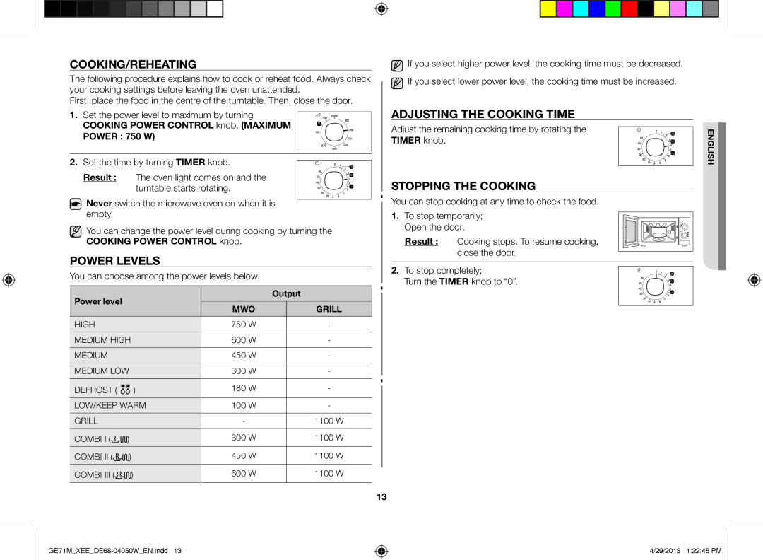 Samsung GE71M/XEE manual Cooking/Reheating, Power levels, Adjusting the cooking time, Stopping the cooking 