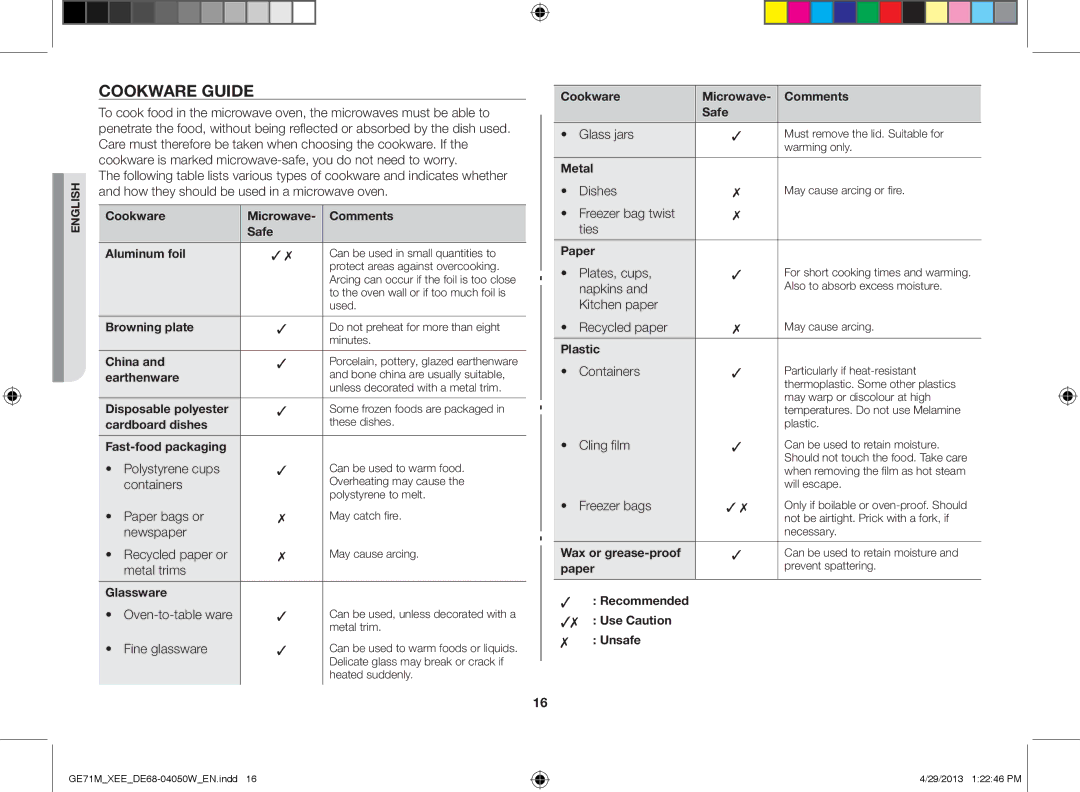 Samsung GE71M/XEE manual Cookware guide 