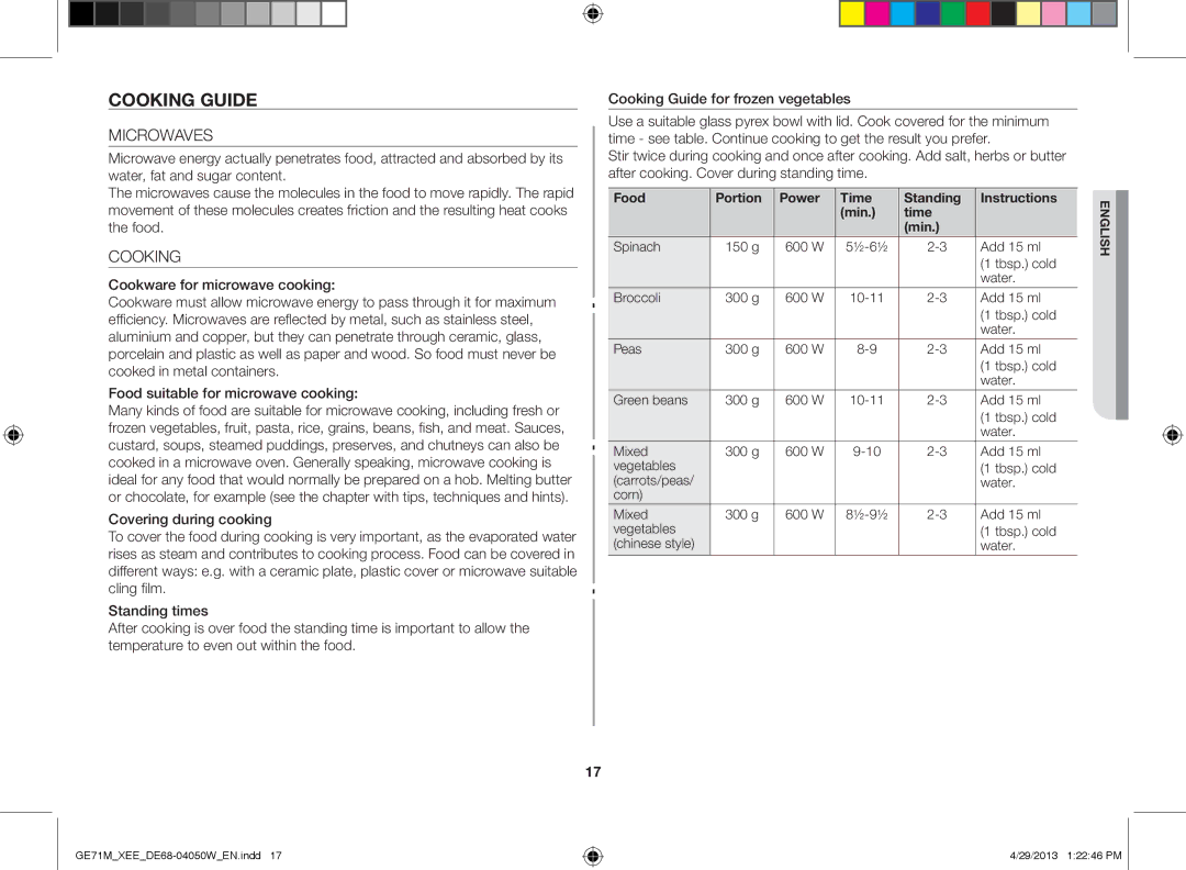 Samsung GE71M/XEE manual Cooking guide, Microwaves, Food Portion Power Time Standing Instructions Min 