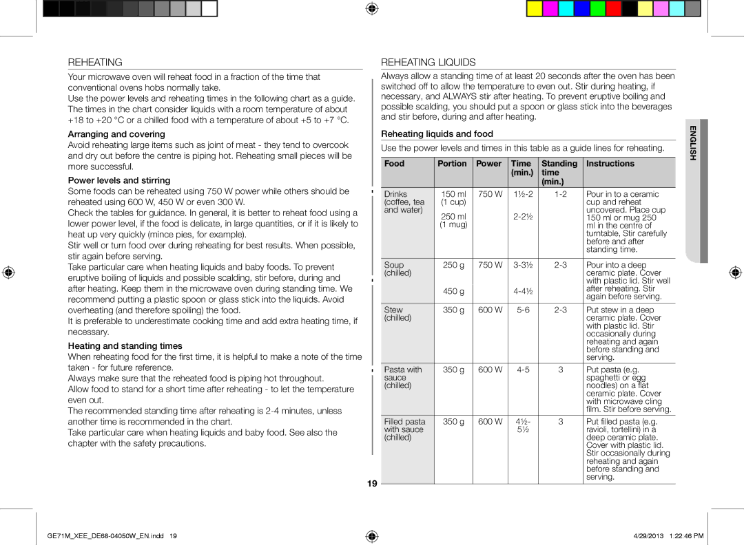 Samsung GE71M/XEE manual Reheating Liquids 