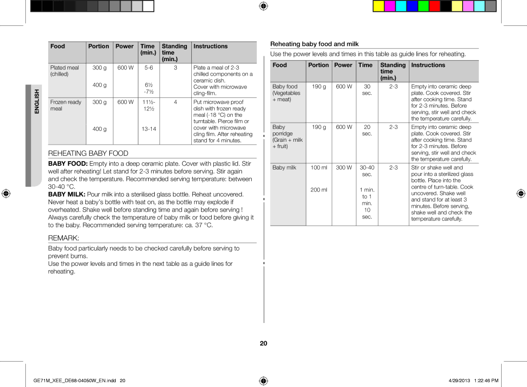 Samsung GE71M/XEE manual Reheating Baby Food, Remark 