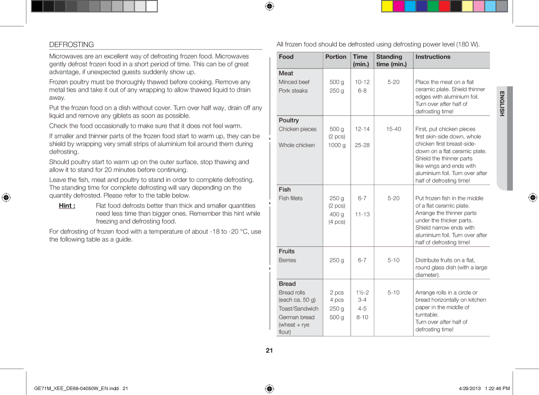 Samsung GE71M/XEE manual Defrosting 