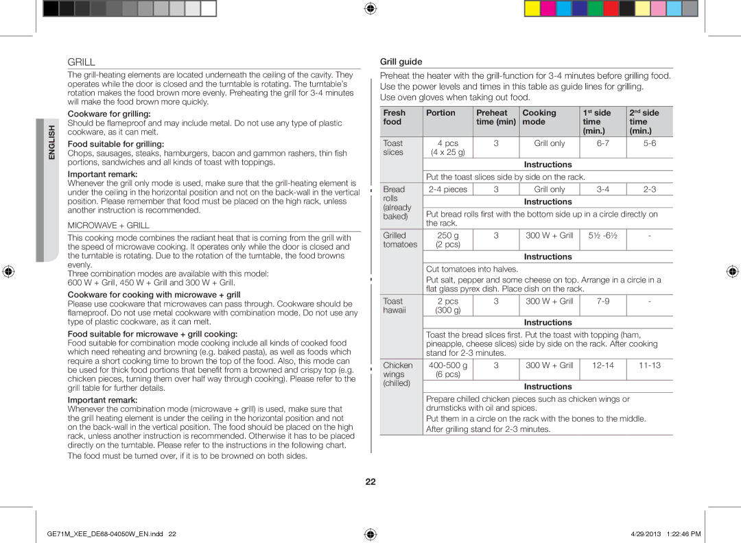 Samsung GE71M/XEE manual Grill guide, Use oven gloves when taking out food 