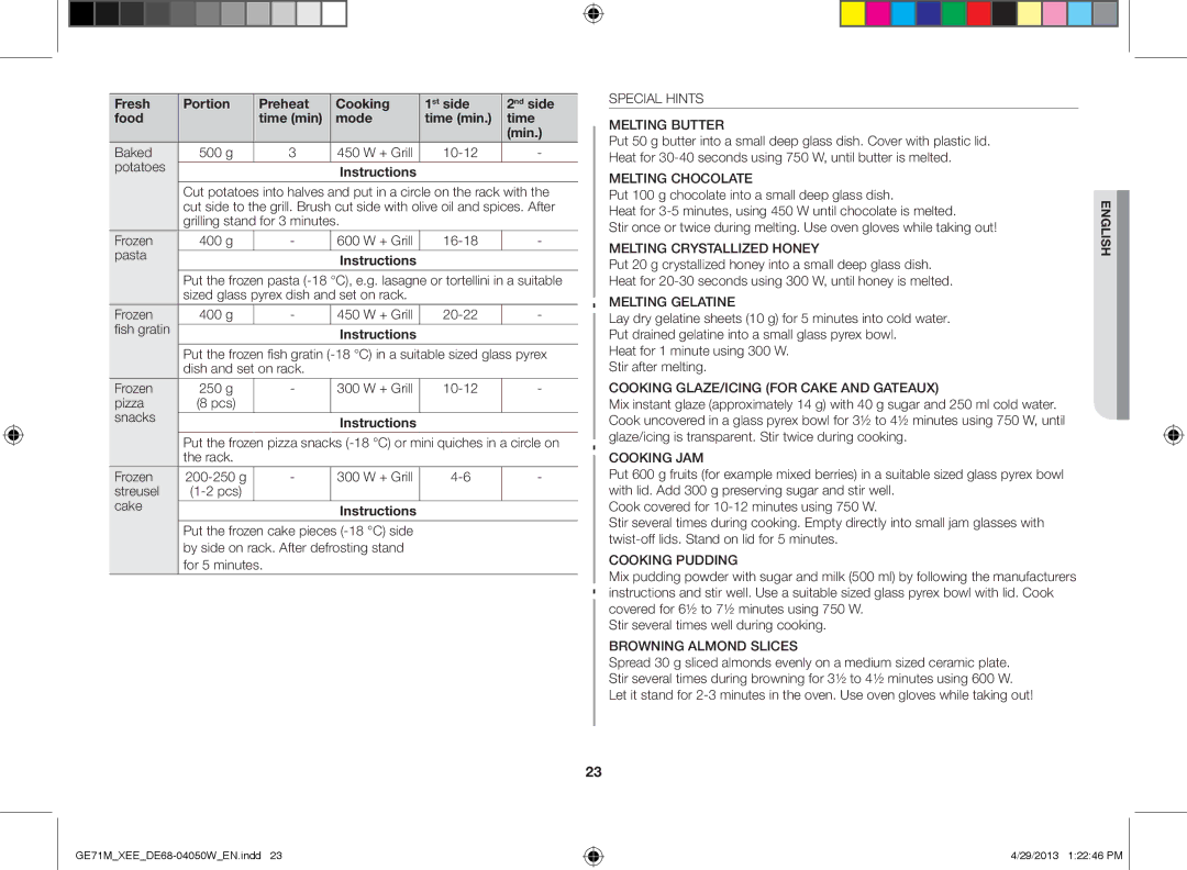 Samsung GE71M/XEE manual Potatoes Instructions, Grilling stand for 3 minutes Frozen 400 g, Pasta Instructions 