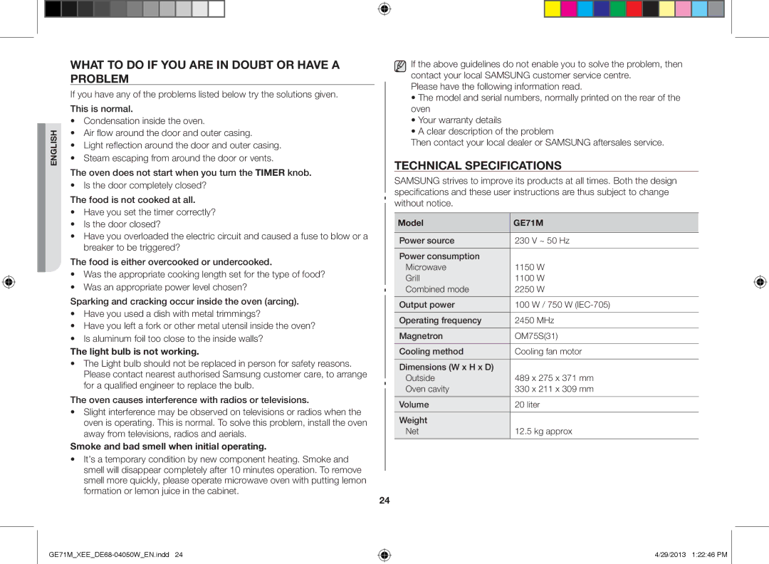 Samsung GE71M/XEE manual What to do if you are in doubt or have a problem, Technical specifications 