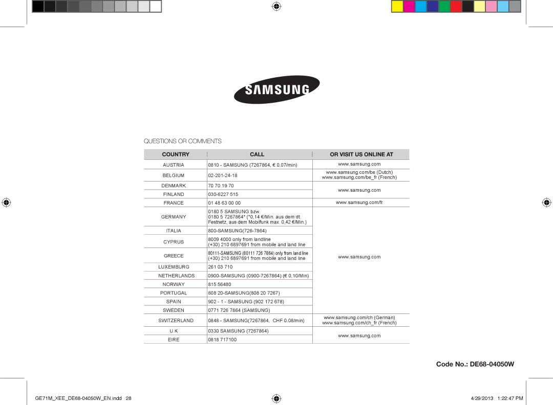 Samsung GE71M/XEE manual Code No. DE68-04050W 