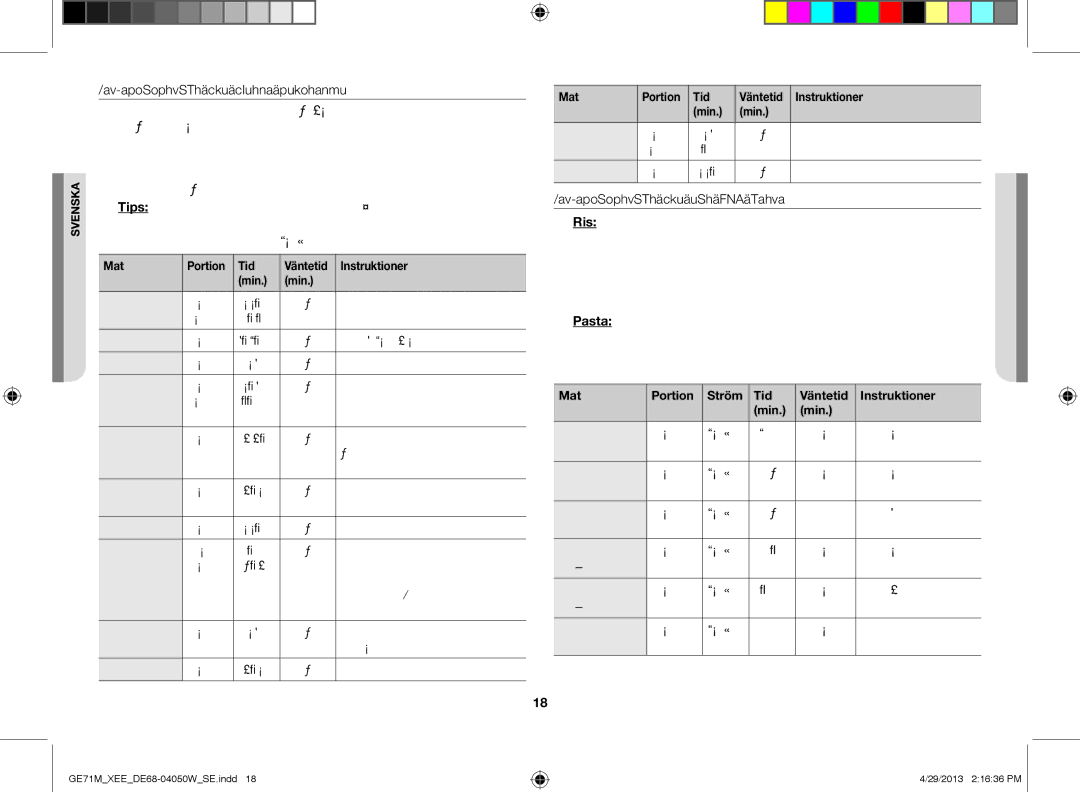 Samsung GE71M/XEE manual Matlagningstips för färska grönsaker, Mat Portion Tid Väntetid Instruktioner Min 