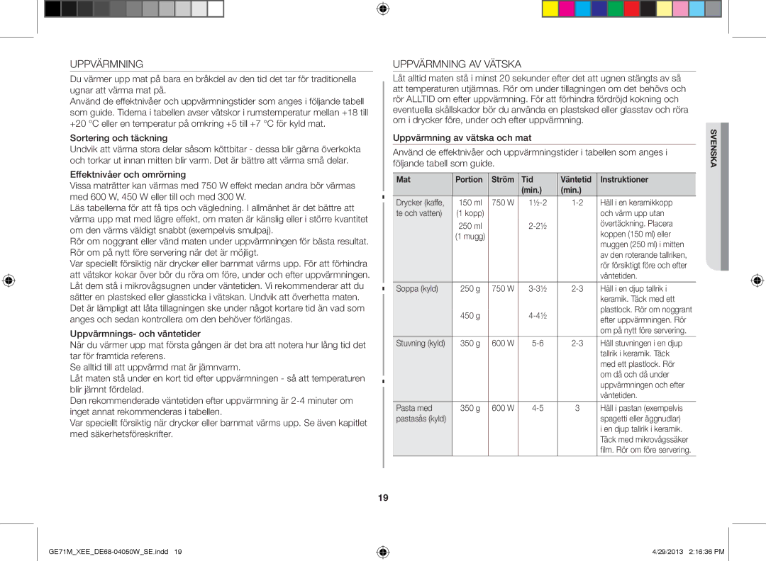 Samsung GE71M/XEE manual Uppvärmning AV Vätska, Sortering och täckning 