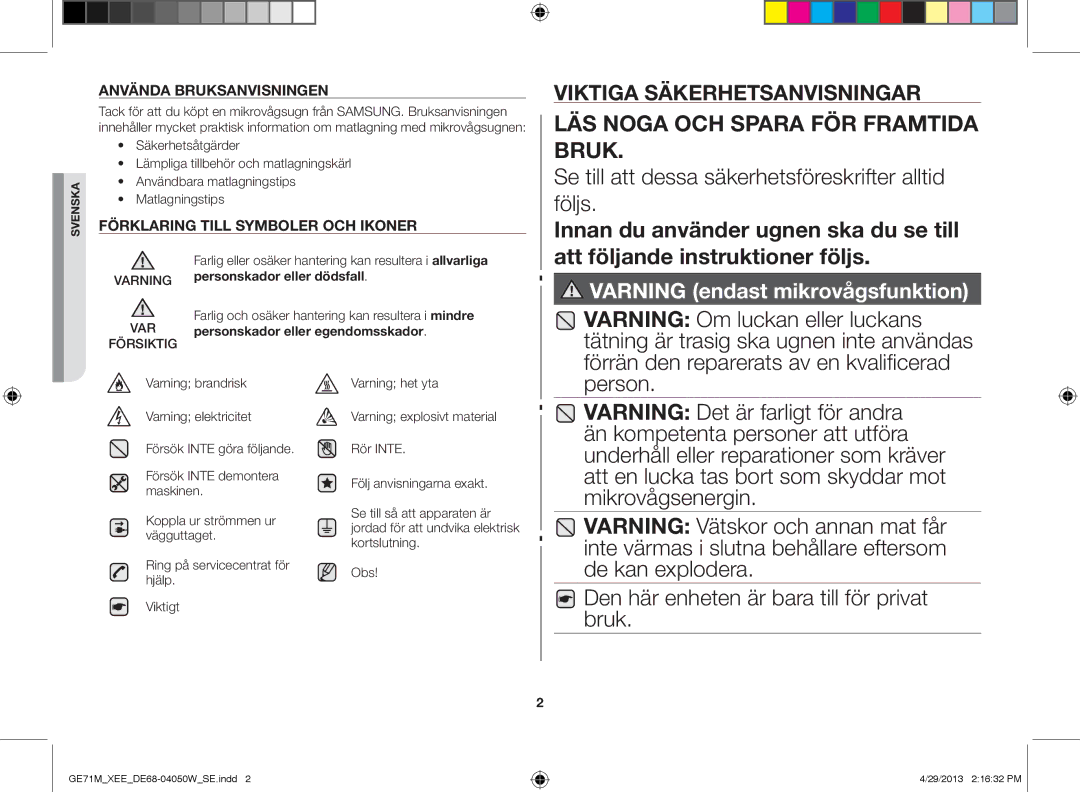 Samsung GE71M/XEE manual Använda bruksanvisningen, Farlig eller osäker hantering kan resultera i allvarliga 