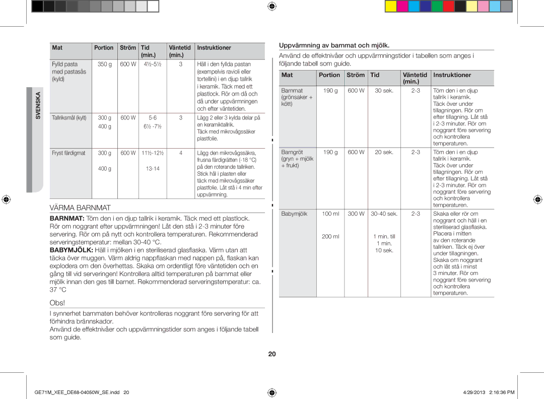 Samsung GE71M/XEE manual Värma Barnmat 