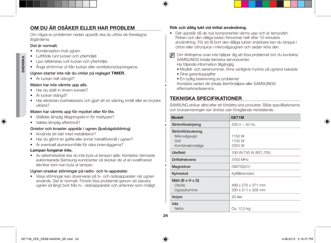 Samsung GE71M/XEE manual Om du är osäker eller har problem, Tekniska specifikationer, Modell 