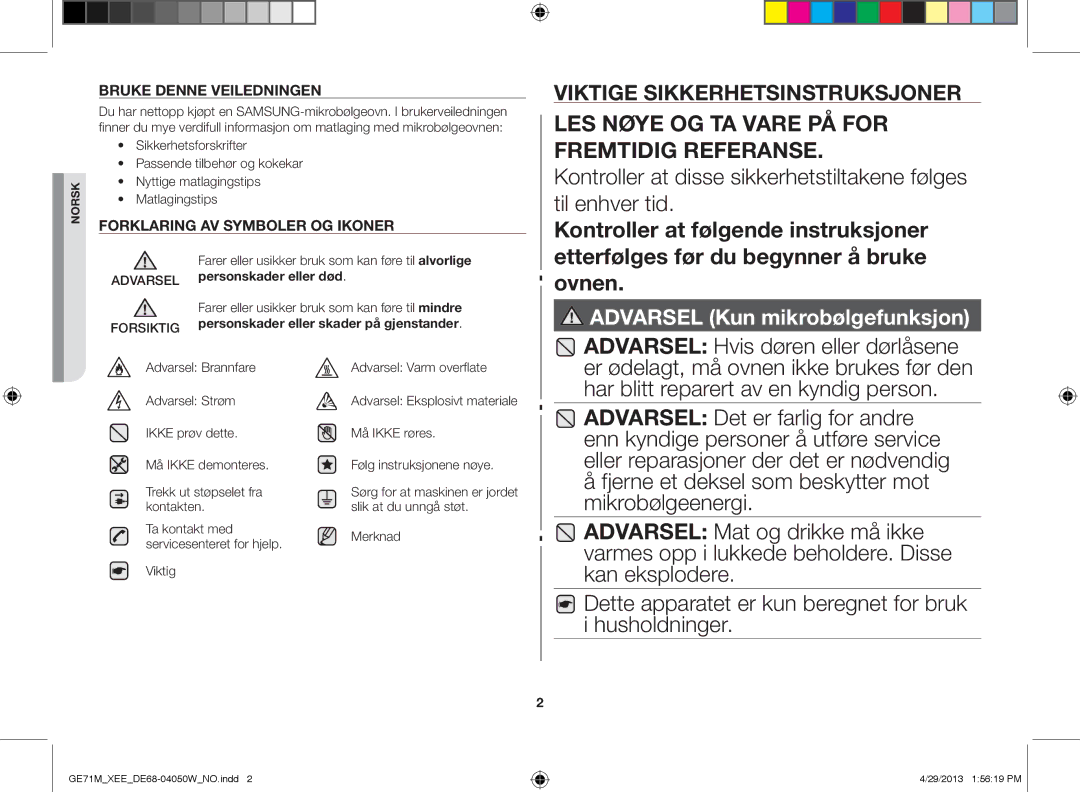 Samsung GE71M/XEE manual Kontroller at følgende instruksjoner, Etterfølges før du begynner å bruke ovnen 