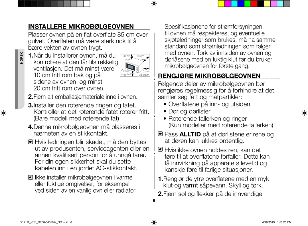 Samsung GE71M/XEE manual Installere mikrobølgeovnen, Rengjøre mikrobølgeovnen 