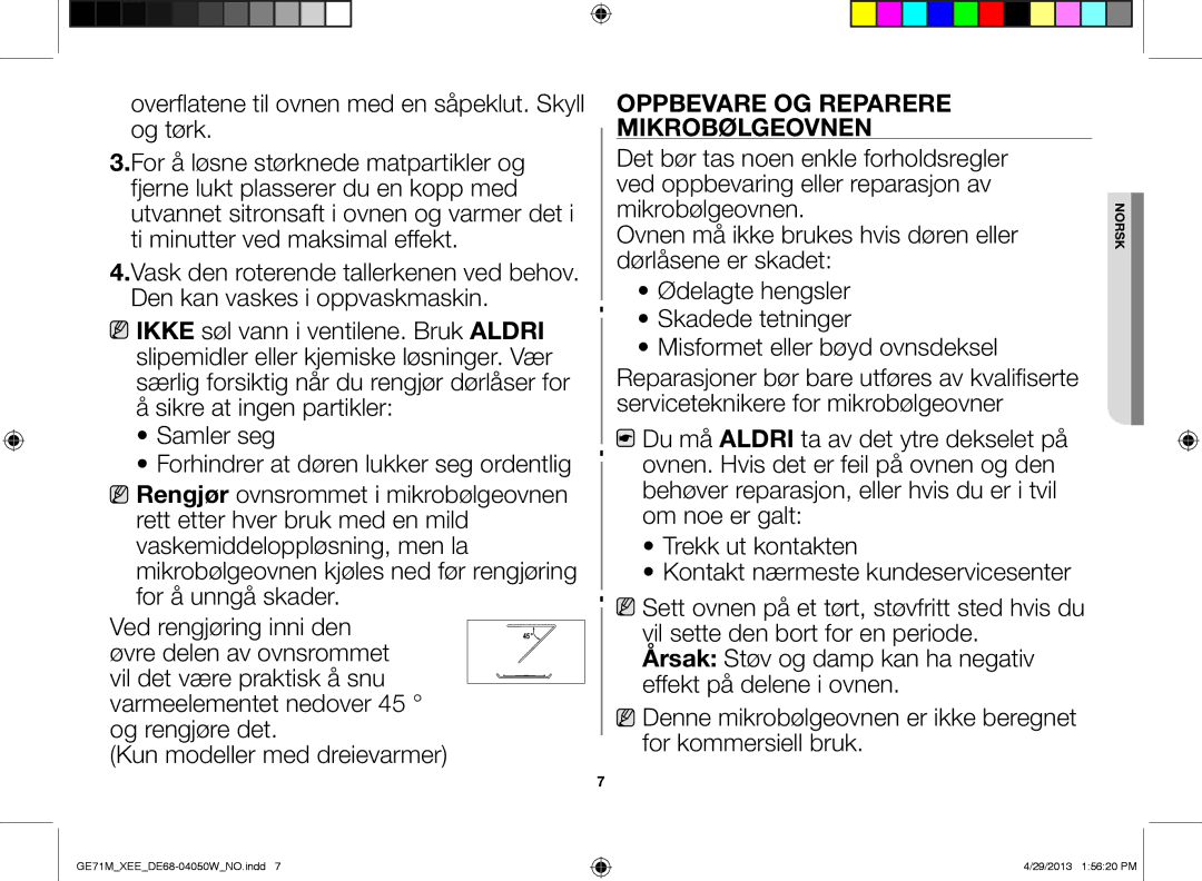 Samsung GE71M/XEE manual Oppbevare og reparere mikrobølgeovnen 