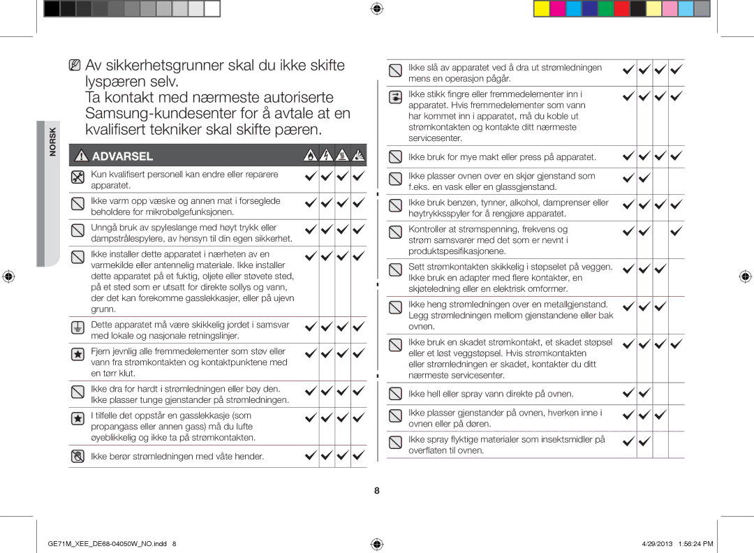 Samsung GE71M/XEE manual Kun kvalifisert personell kan endre eller reparere apparatet 