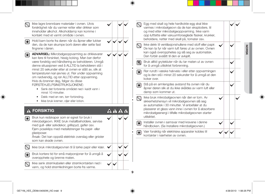 Samsung GE71M/XEE manual Førstehjelpsinstruksjonene, De kan ta fyr når varm luft føres ut av ovnen. Ovnen 