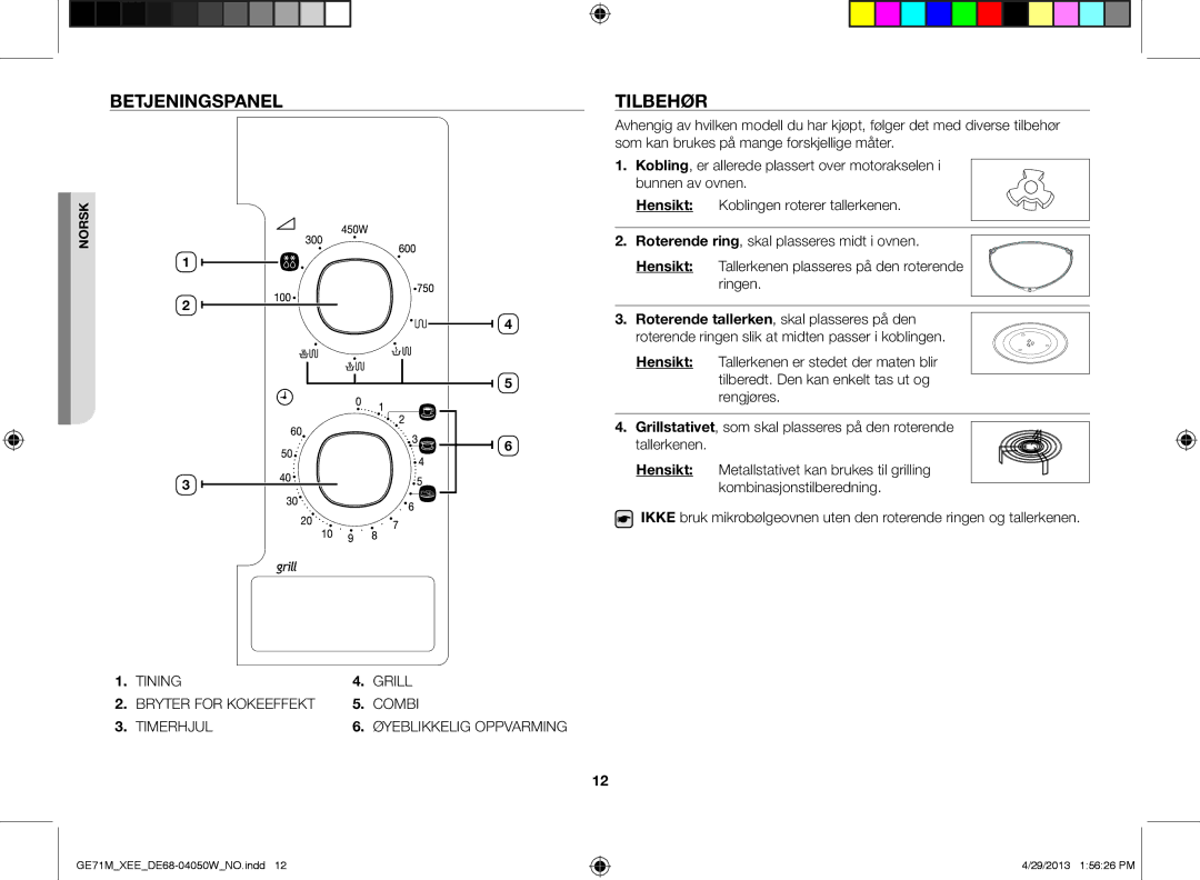 Samsung GE71M/XEE manual Betjeningspanel, Tilbehør 