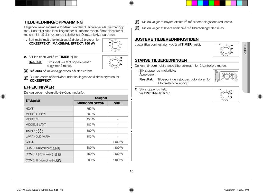 Samsung GE71M/XEE manual Tilberedning/Oppvarming, Justere tilberedningstiden, Stanse tilberedningen 