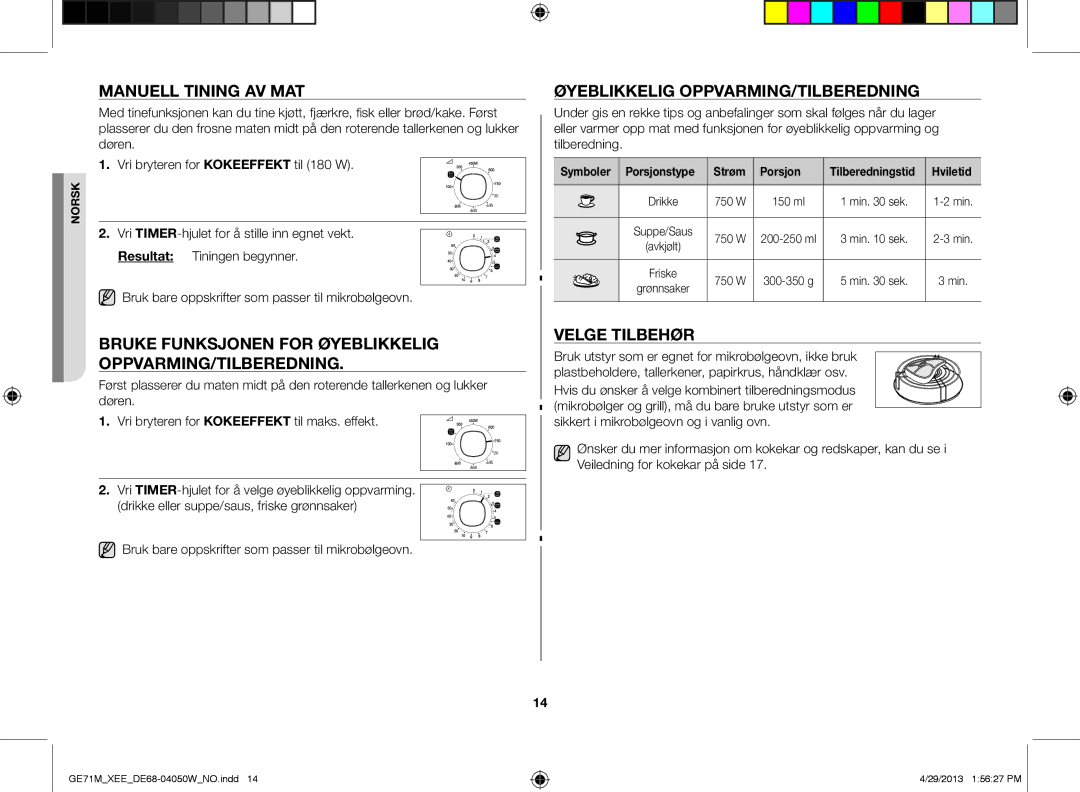 Samsung GE71M/XEE manual Manuell tining av mat, Bruke funksjonen for øyeblikkelig oppvarming/tilberedning, Velge tilbehør 