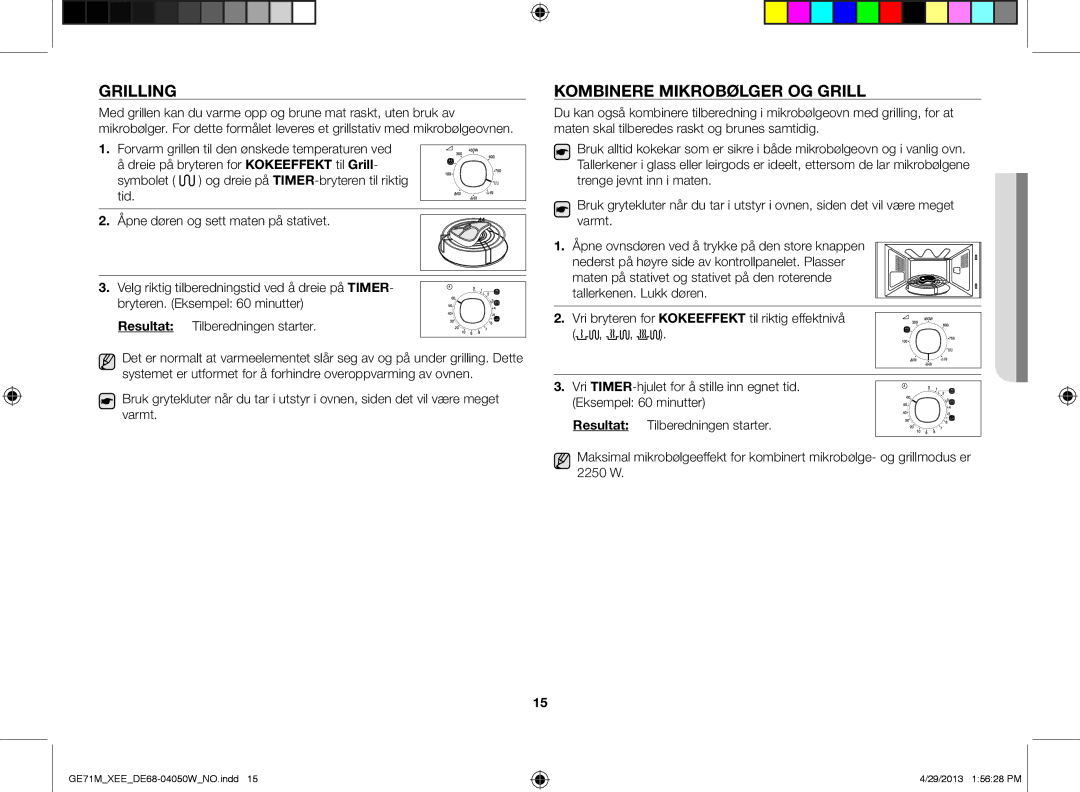 Samsung GE71M/XEE manual Grilling, Kombinere mikrobølger og grill 