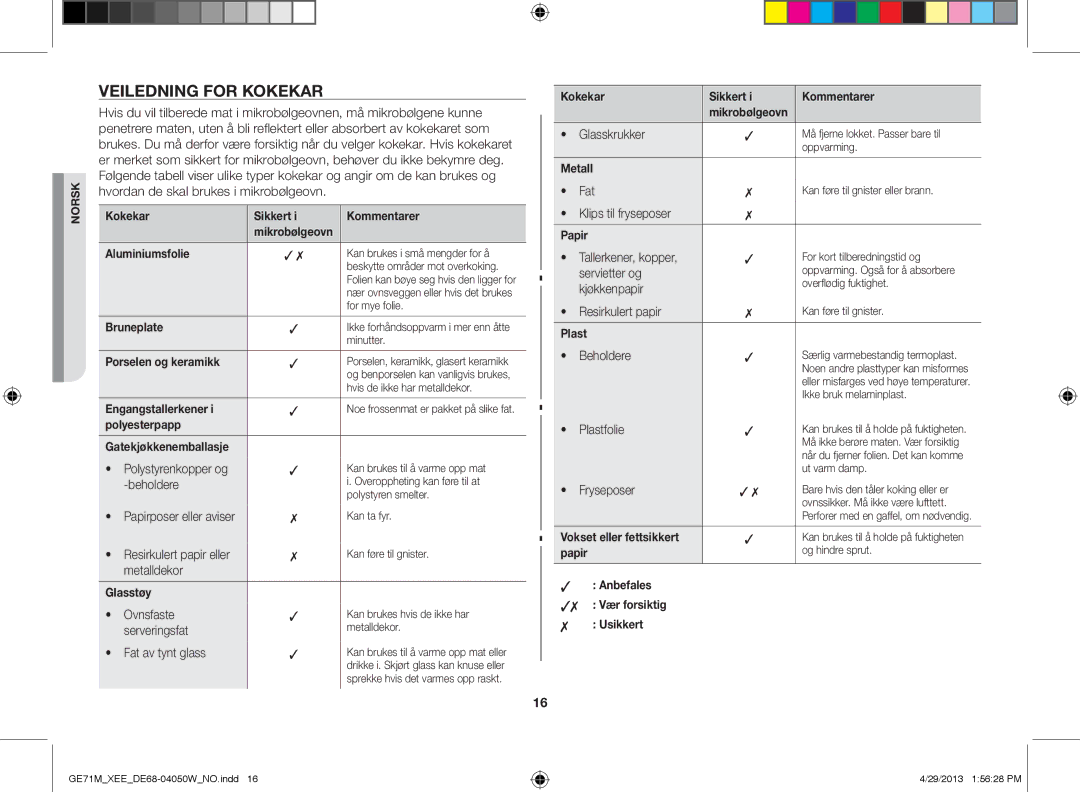 Samsung GE71M/XEE manual Veiledning for kokekar 