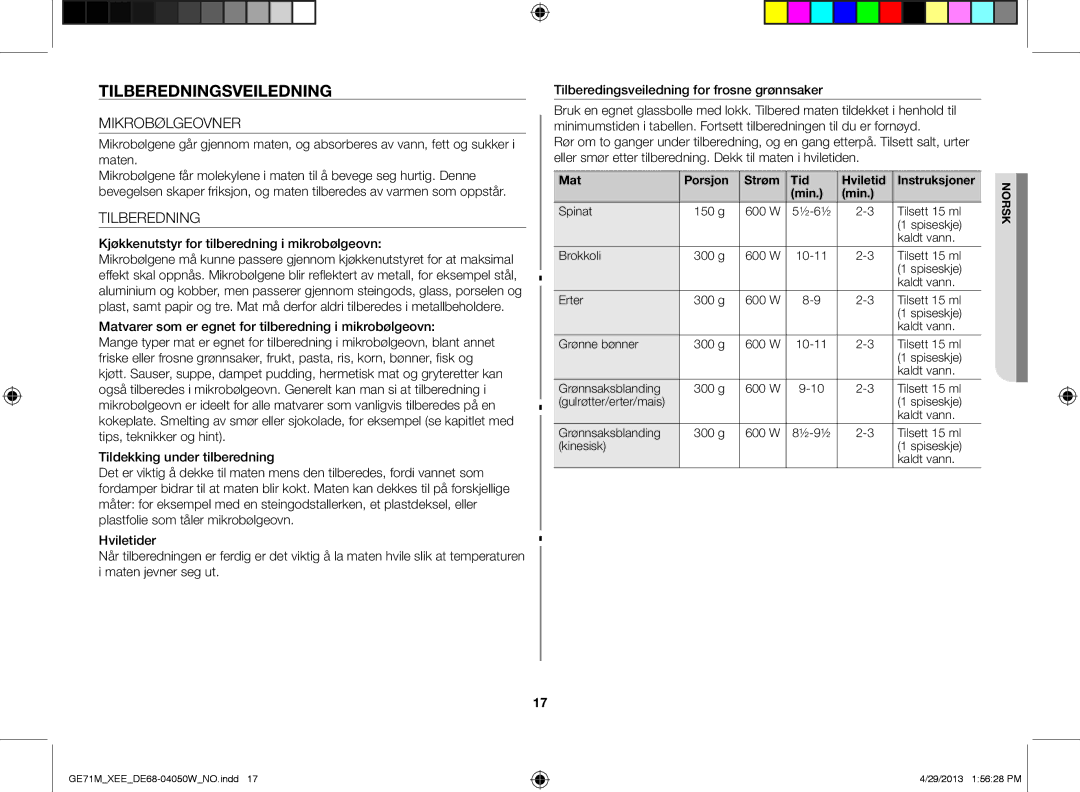 Samsung GE71M/XEE manual Tilberedningsveiledning, Mikrobølgeovner, Kjøkkenutstyr for tilberedning i mikrobølgeovn 