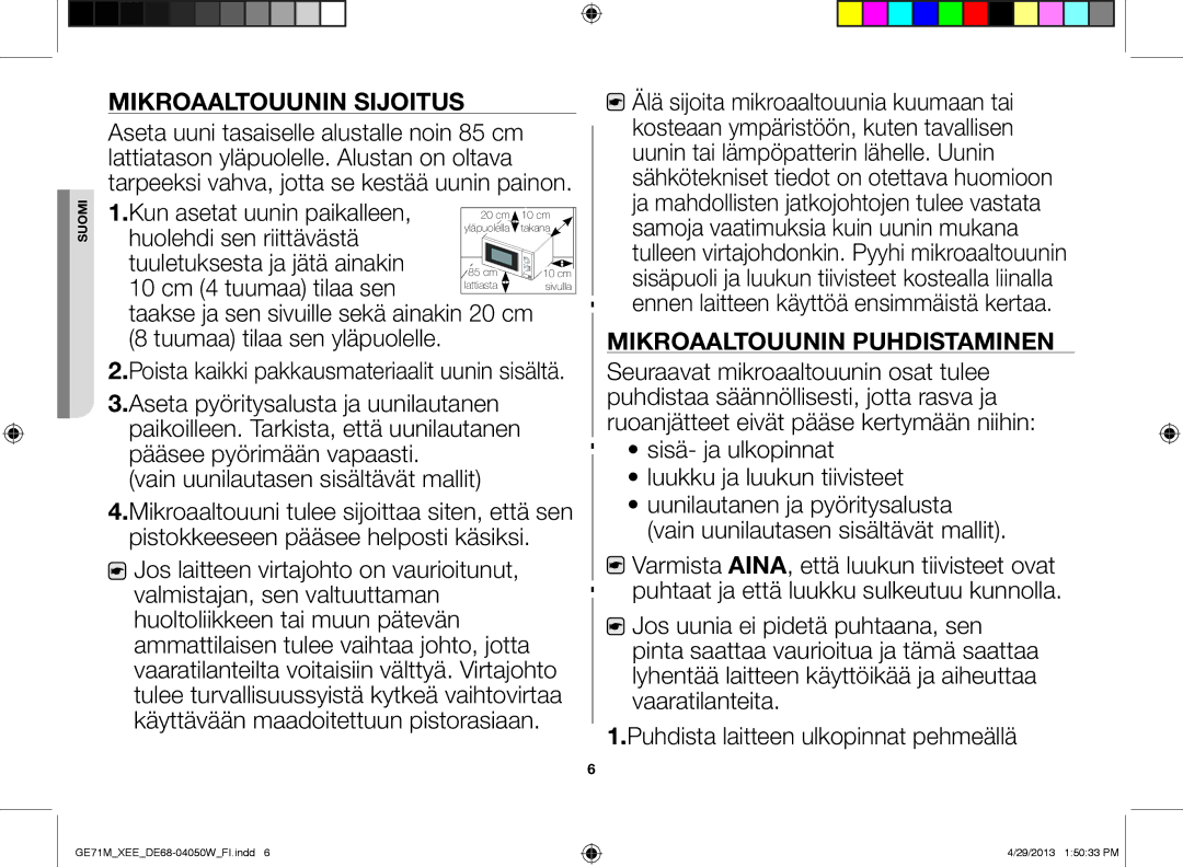 Samsung GE71M/XEE manual Mikroaaltouunin sijoitus, Mikroaaltouunin puhdistaminen 